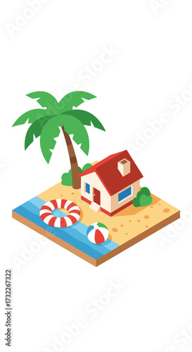 A charming beach house with a palm tree and ocean view on a sandy shore.