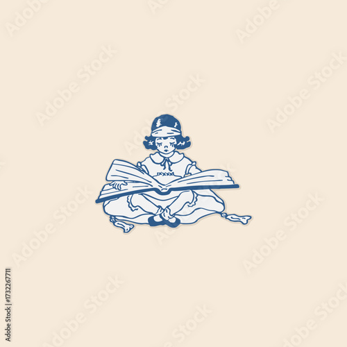 Cute nice girl reading a big book icon clipart retro logo vintage illustration design vector element