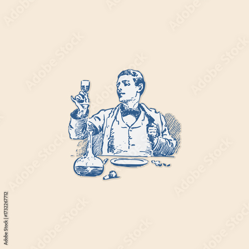 Man eating glad enjoying drinking red wine icon art retro logo vintage illustration design vector