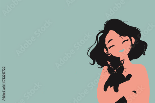 A cheerful girl cradles a black cat close to her chest, showcasing a bright smile. The soft pastel background enhances the joyful atmosphere of this moment.