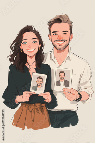 A couple stands together smiling, holding up pictures of themselves. They display joy and creativity in a charming and artistic atmosphere.