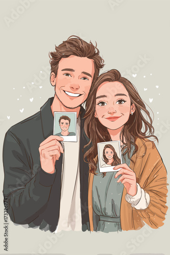A cheerful young couple stands close, holding polaroid pictures of themselves. They smile brightly, showing a joyful moment captured in a warm and cozy atmosphere.