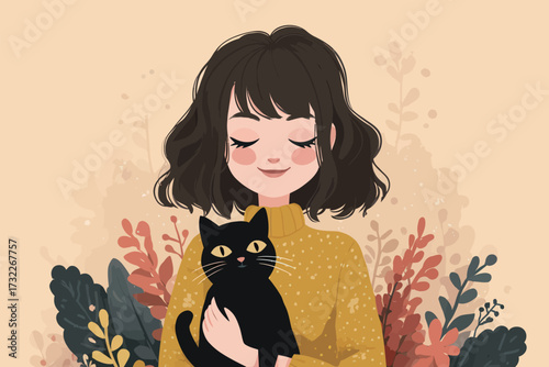 A woman with curly hair smiles gently while holding a black cat close. Vibrant leaves in warm colors create a cheerful and cozy background.