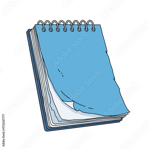 A blue spiral bound notebook with torn pages for writing and sketching ideas.