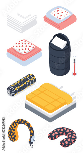 A collection of bedding and comfort items including pillows blankets and a sleeping bag.