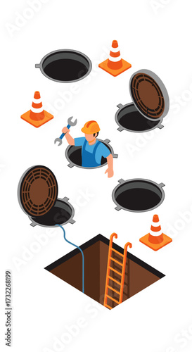 Sewer maintenance worker with tools and open manholes on a white background.