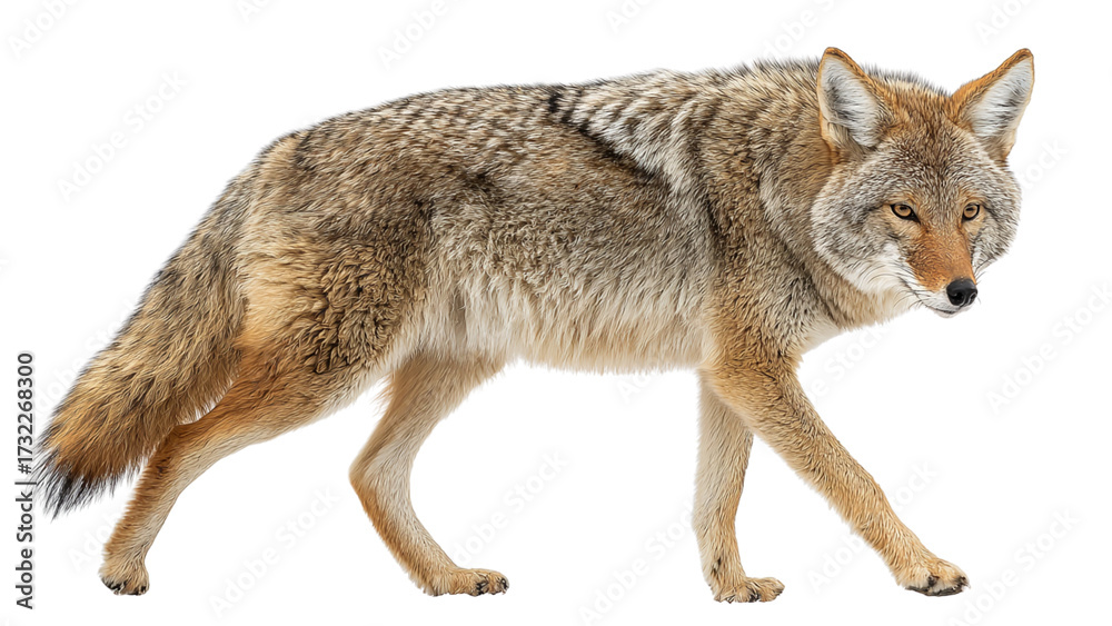 Obraz premium A detailed full body studio portrait of a wild coyote standing alert against a stark black background