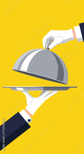 A person in a white glove lifts the lid off a silver cloche revealing a delicious meal on a platter.