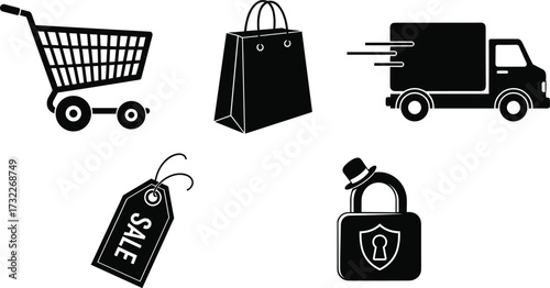 Black and white shopping icons set, e‑commerce, cart, bag, delivery truck, sale tag, secure payment, online retail, fast shipping