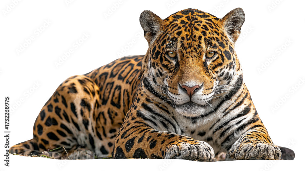 Obraz premium Majestic jaguar with striking spotted coat rests calmly against a deep black background in a studio portrait