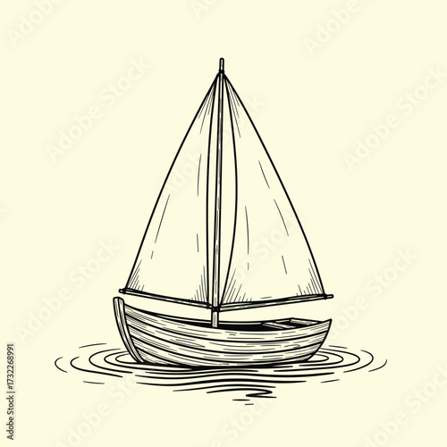 A simple hand drawn sailboat floats peacefully on the gentle waves of the ocean.