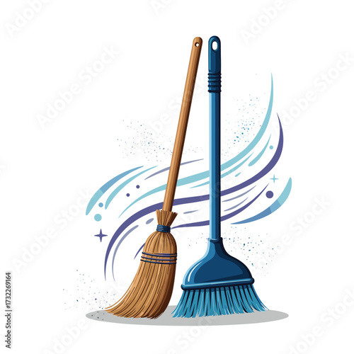 Two different brooms standing upright with stylized dust and sparkles behind them.