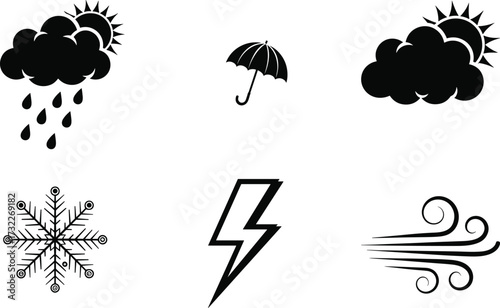 Black and white weather icons set, rainy sunny cloudy conditions, snowflake, thunderstorm lightning, wind, umbrella, forecast, climate, meteorology symbols