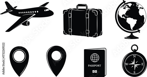 Black and white travel icons, airplane, suitcase, globe, location pin, passport, compass, tourism, navigation, vacation, international journey, adventure