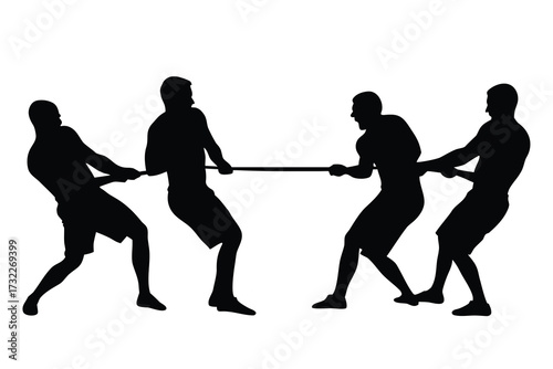 Two teams of men playing tug-of-war, vector silhouette