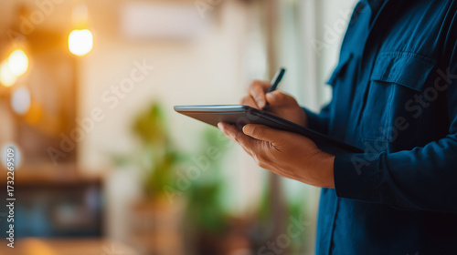 Professional technician writing on tablet in modern industrial workshop setting