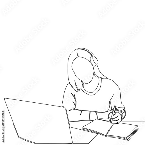 Continuous one single line drawing Woman studying alone with notebook in front of laptop icon vector illustration concept