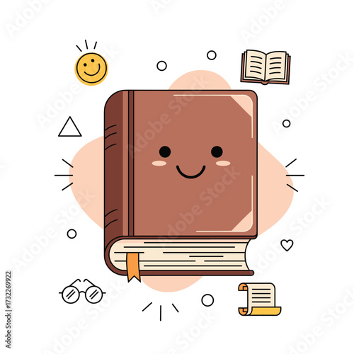 A cheerful book with a happy face surrounded by cute icons representing learning and joy.
