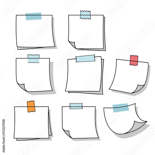Collection of blank sticky notes attached with colorful tape and casting shadows.