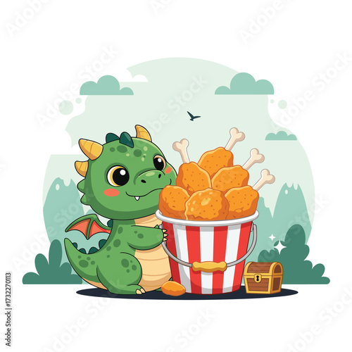 Adorable baby dragon joyfully hugs a bucket overflowing with delicious fried chicken, a treasure chest nearby