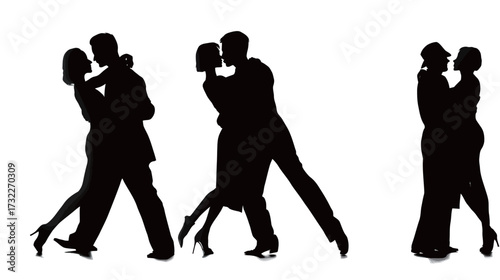 Couples in elegant attire share intimate moments as they dance closely together. The setting exudes romance and connection, highlighting love and joy.