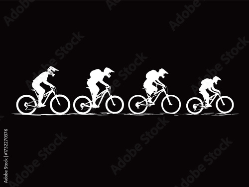 Four mountain bikers demonstrate various stances and techniques as they pedal along a dark backdrop, emphasizing their skills and athleticism during a thrilling ride.