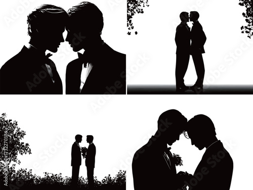 Two men in formal attire share intimate moments in silhouette, showcasing love and connection amidst nature. The scene highlights a wedding celebration in a serene environment.