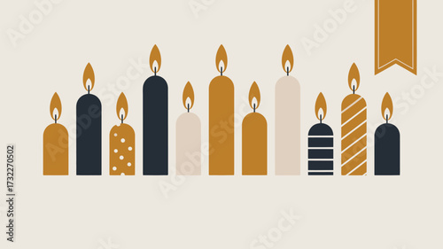 A collection of decorative candles in various colors and patterns arranged in a horizontal line up top