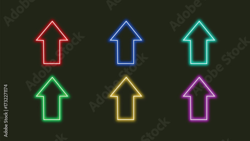 A set of six colorful neon arrow icons pointing upwards on a dark background representing growth direction progress movement and success in a modern design style	