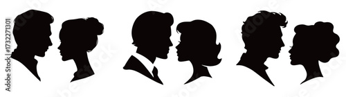 Two couples stand close, their profiles touching as if in a tender embrace. The background suggests a sunny day, enhancing the romantic atmosphere.
