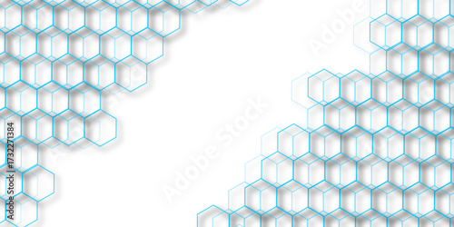 Abstract white background with blue hexagons seamless pattern and geometric in vector design. Futuristic blue neon honeycombs. Modern technology design .Minimal style website banner, decoration .
