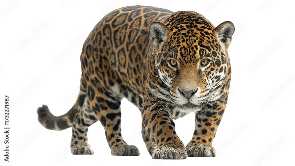 Obraz premium Majestic jaguar with striking spotted coat stands powerfully against a stark black background