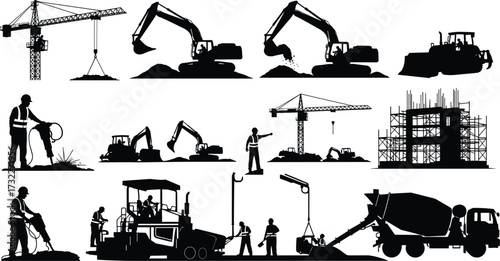 Construction silhouette, building site, heavy machinery, tower crane, excavator work, bulldozer pushing, road paving, concrete mixer, construction worker, infrastructure project