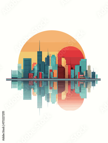 A vibrant skyline features tall buildings in various colors, set against a large orange and yellow sunset. The calm water reflects this stunning city scene beautifully.