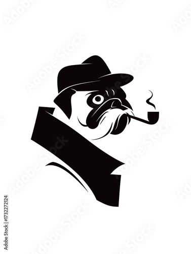 A pug wears a classic hat and smokes a pipe, creating a whimsical and sophisticated character. The design is simple yet captures the charm of this breed.