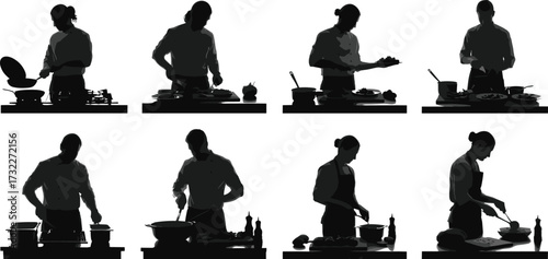 Cooking silhouettes, kitchen activities, food preparation, chef illustration, meal serving, ingredient cutting, stirring pot, plating food, culinary art, gastronomy