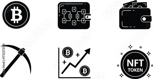 Cryptocurrency icons, Bitcoin, blockchain wallet, digital currency, crypto mining, NFT token, investment growth, financial technology, crypto wallet, digital finance, economy, assets