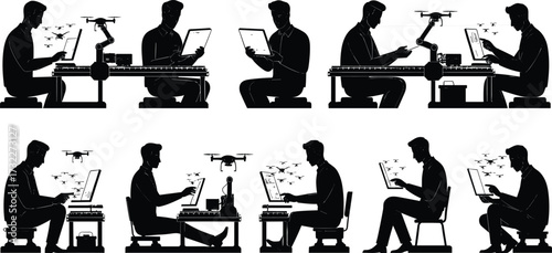 Drone control, robotic arm, human technology, automation silhouette, drone operator, future work, robotics interaction, drone technology, remote control, digital innovation