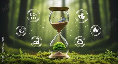 Hourglass with tree and clean energy icons symbolizes future
