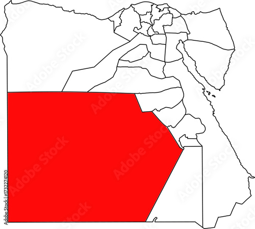 Detailed vector map of Egypt highlighting the New Valley Governorate (Al Wadi al Jadid), the largest region, covering the Western Desert and major oases.

