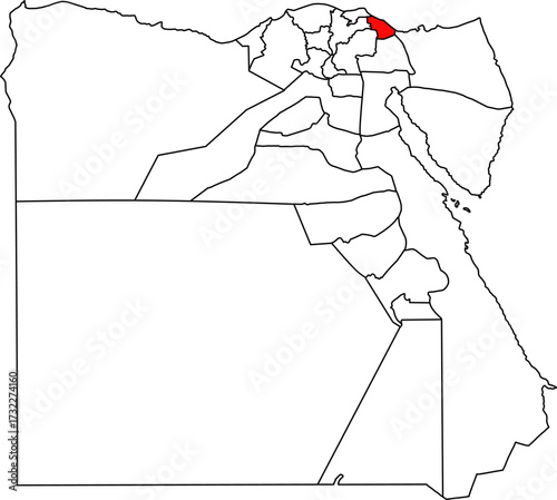 Detailed vector map of Egypt highlighting Port Said (Bur Sa'id), the major international port city at the northern entrance of the Suez Canal.

