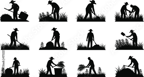 Farmer silhouette, agriculture activity, farming tools, crop harvesting, rural life, traditional farming, soil cultivation, planting crops, agricultural labor, village farming