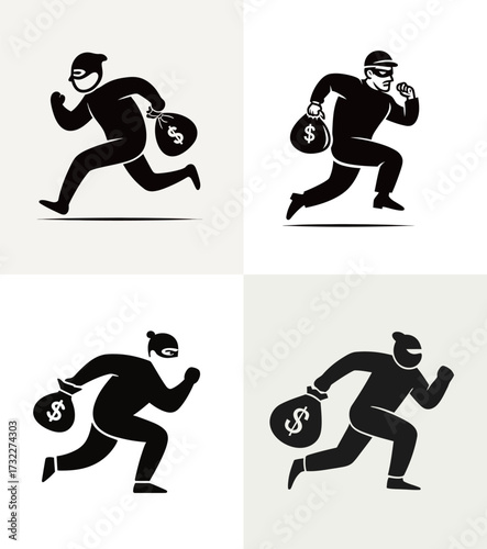 Four black and white silhouettes depict thieves in various poses while carrying bags of money. Each figure portrays a different style of theft and urgency.