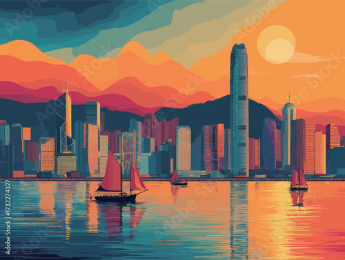 As the sun sets, vibrant colors paint the sky over a city skyline. Traditional sailboats glide through the calm waters, reflecting the colorful scene.