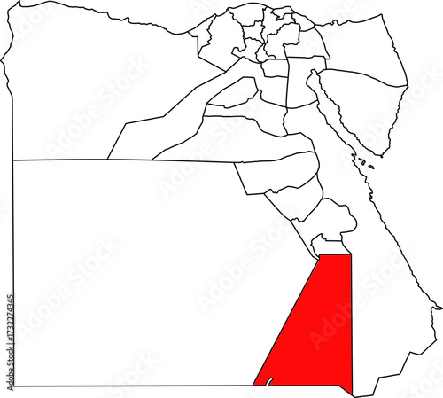 Detailed vector map of Egypt highlighting the Aswan Governorate, famous for the High Dam, Lake Nasser, and ancient Nubian history in Upper Egypt.

