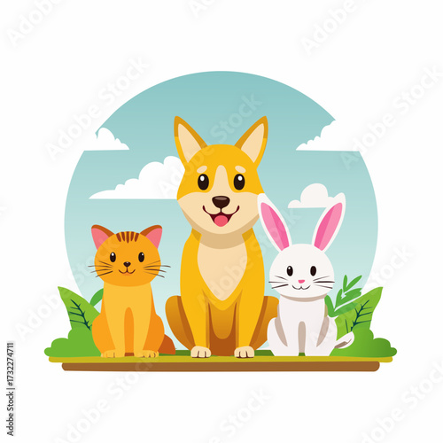 A cheerful illustration of a happy dog, a friendly cat, and a cute rabbit sitting on green grass, symbolizing companionship, animal welfare, and the pure joy pets bring