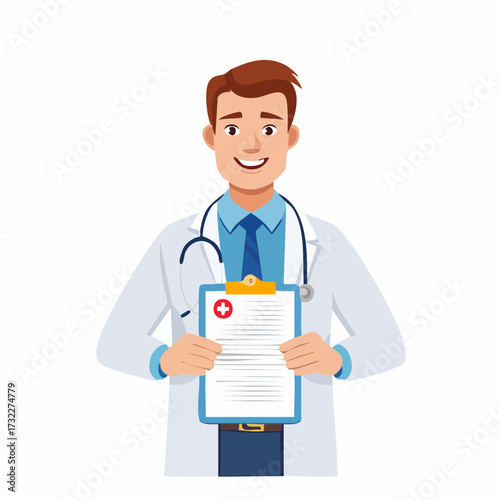 Smiling male doctor in white coat holding a medical document with red cross symbol, representing healthcare and professionalism