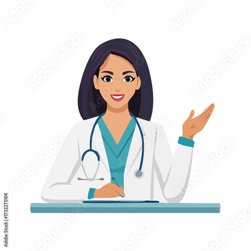 Professional female doctor in white coat with stethoscope, seated at desk and gesturing to the side, representing healthcare and medical services