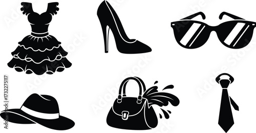 Fashion icons set, stylish dress, high heel shoe, sunglasses, wide brim hat, handbag, necktie, clothing accessories, trendy apparel illustration