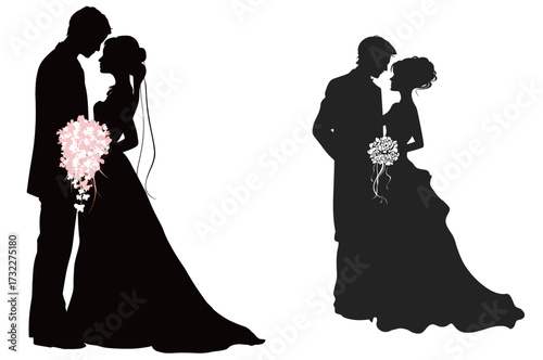 Couple embraces in wedding attire, silhouetted against a light background. The bride holds a bouquet while gazing lovingly at her partner. This scene depicts love and celebration.